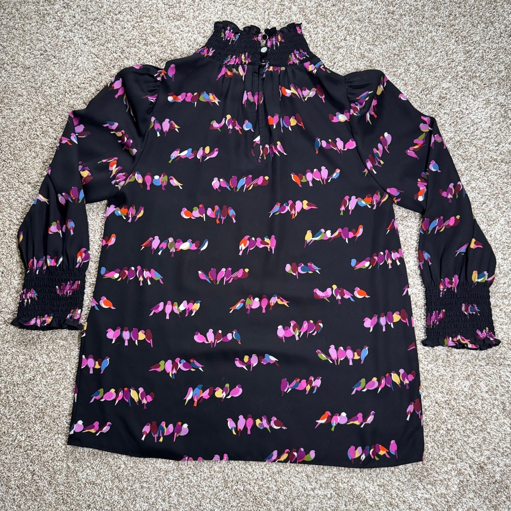 Kate Spade New York Womens Size S Bird Print Smocked High Neck Blouse Black - Picture 10 of 14